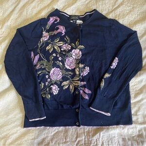 Lands' End Navy Cardigan with Purple Floral Pattern - Size Medium
